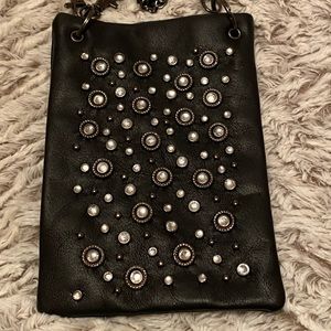 Black vegan leather crossbody bag with rhinestones